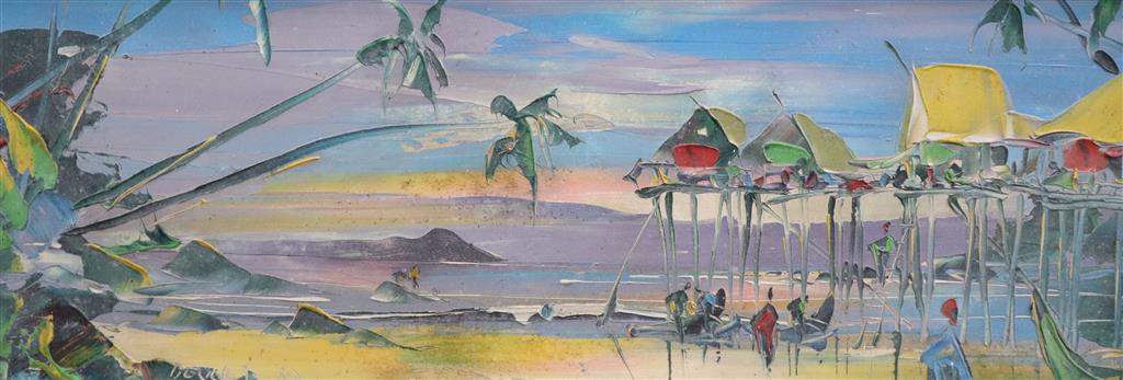 George Richard Deakins, oil on canvas, Caribbean beach scene, signed and dated 69, 30 x 80cm